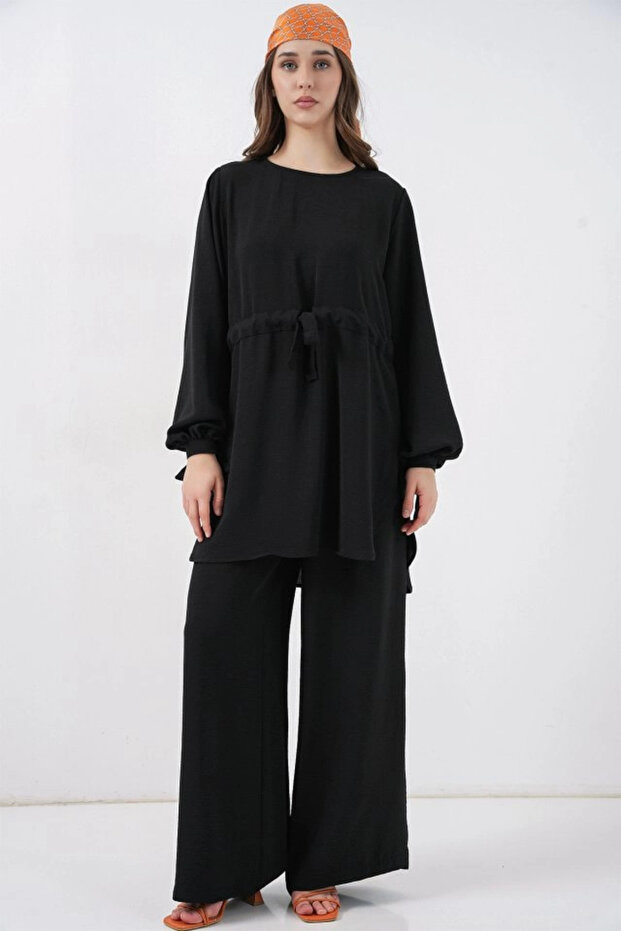 طقم تونيك طويل وبنطلون مزدوج 6719 - أسود - 1