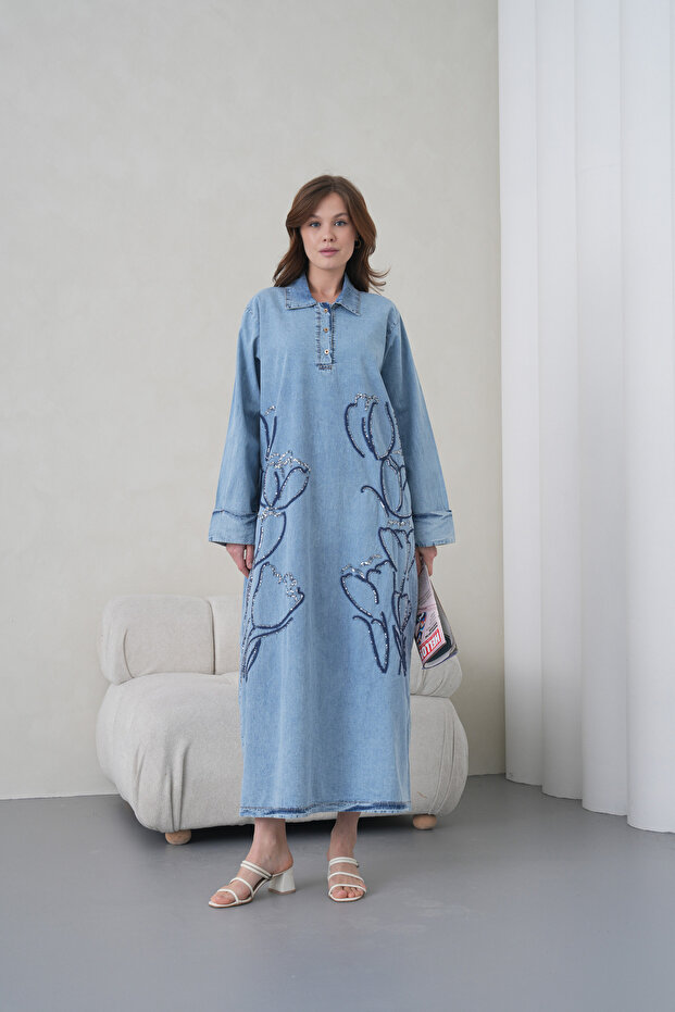 Women's Front Sequin Embroidered Half-Button Wide-Fit Long Denim Dress