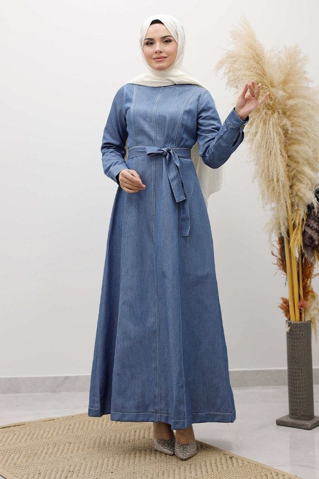 Beli Belted Stitched Detailed Denim Dress Tsd260127 Light Blue