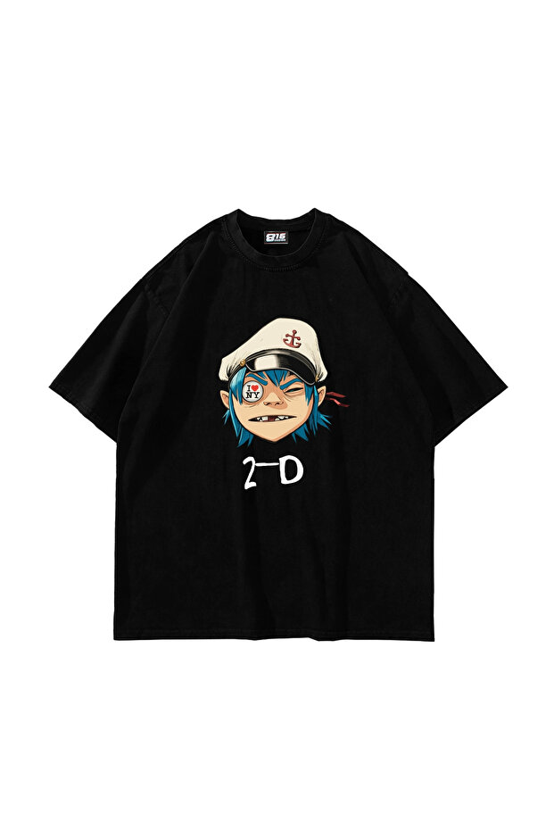 تي شيرت أسود كبير الحجم مطبوع عليه Gorillaz 2-D للجنسين