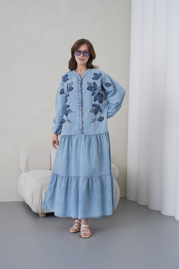 Women's Front Embroidered Beaded Half-Buttoned Loose Fit Long Denim Dress
