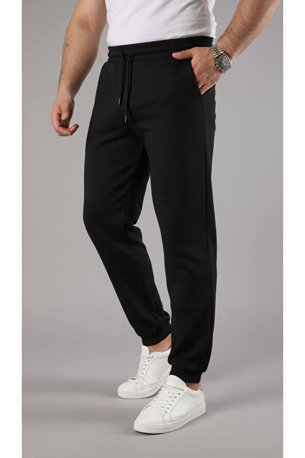 3 Threaded Ribbed Baggy Fit Sweatpants with Elastic Cuffs