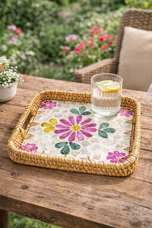 طقم صواني منسوجة من الخوص بنمط مربع مكون من 3 قطع - صينية منسوجة من الخوص - صينية منسوجة من الخوص بنمط مميز - 3