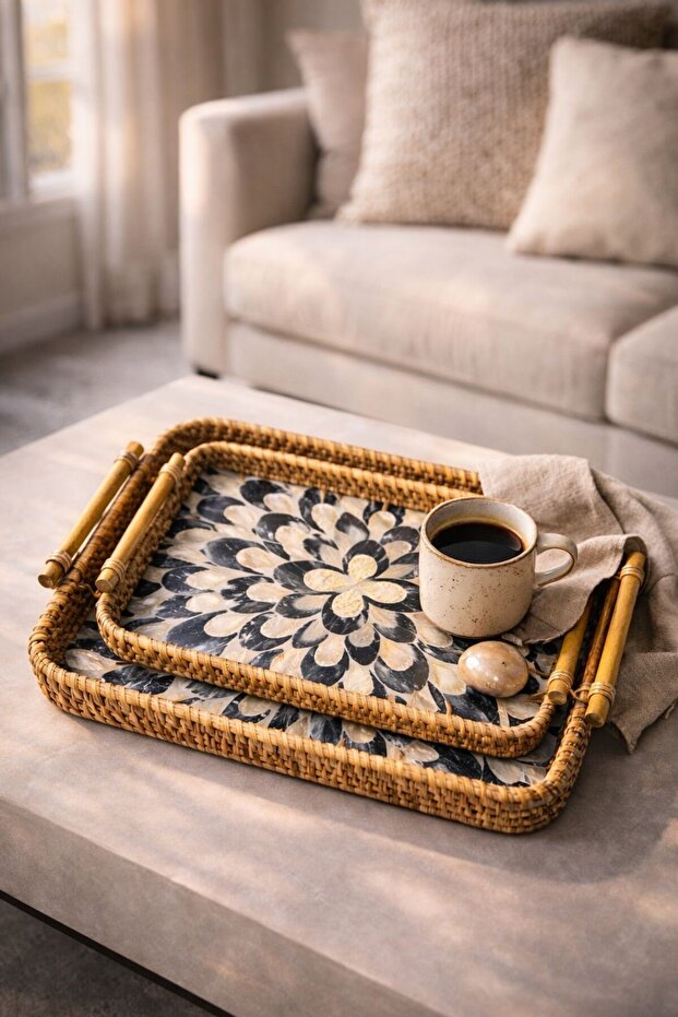 Set of 2 Rectangular Patterned Trays - Wicker Tray - Patterned Wicker Tray - 1