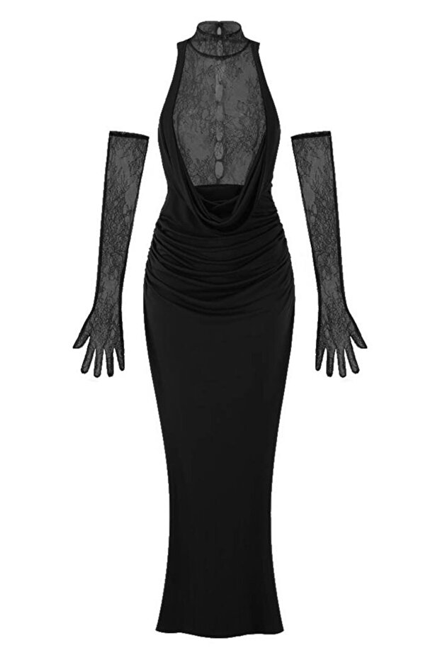 DANTEL GARNİLİ ELDİVENLİ ELBİSE - 5