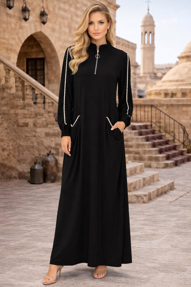 Women's Black Zipper Plain Pattern Closure Collar Long Sleeve Long Dress
