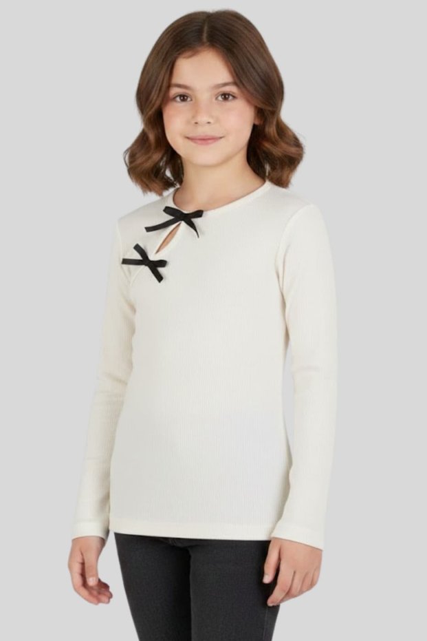 Girl's Ribbed Long Sleeve T-Shirt with Window Detail and Bow Decoration