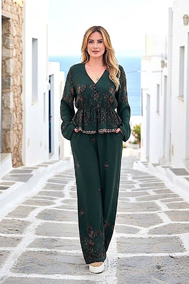 Women's Khaki Ethnic Patterned Shirt V-Neck Button Closure Blouse and Elastic Waist Pants Set