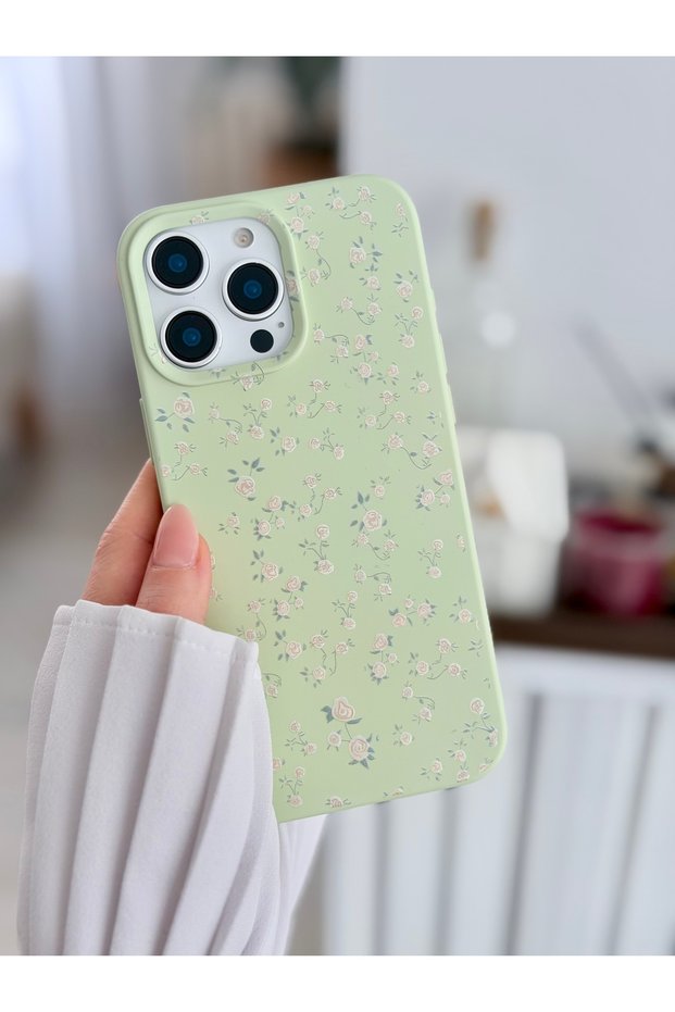 iPhone 14 Promax Compatible Printed Green Mini Flower Design Flexible Silicone Protective Case