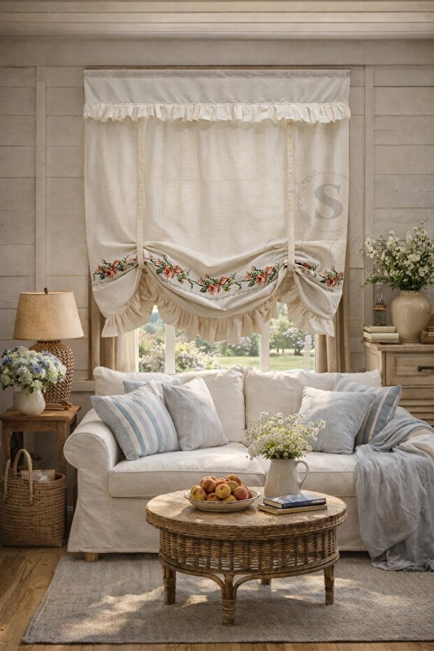 Retro Romantic Aegean Orange Rose Cross Stitch Embroidered Buldan Linen Curtain (100% Cotton Buldan fabric)