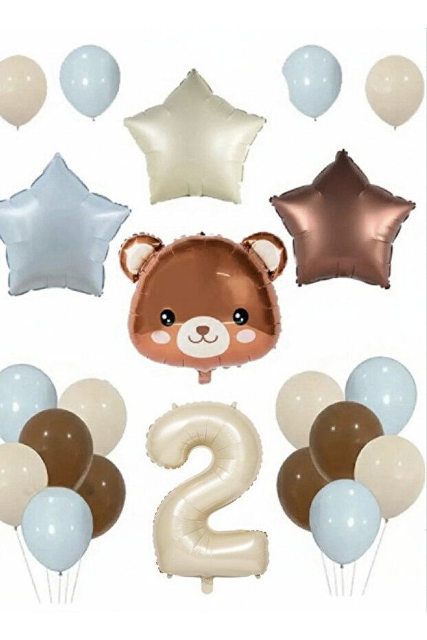Blue Beige Brown Bear Balloon and Number Balloon Set 15 Pieces