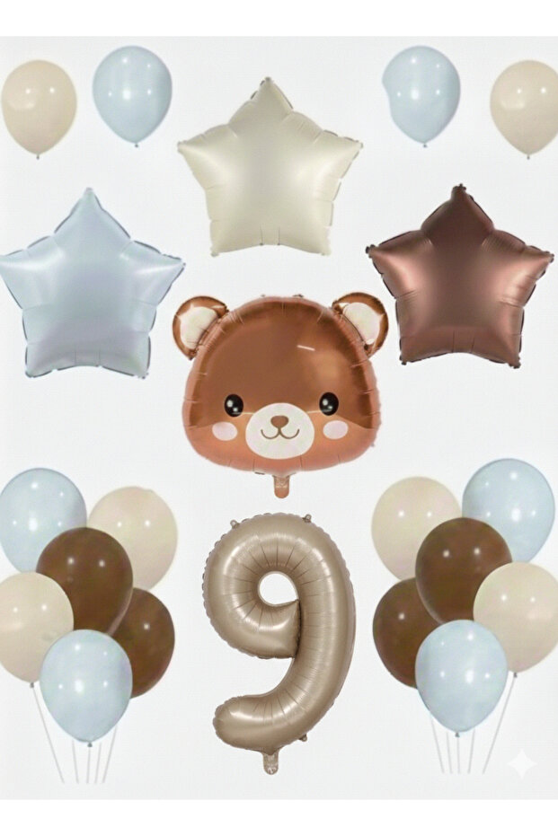 Blue Beige Brown Bear Balloon and Number Balloon Set 15 Pieces