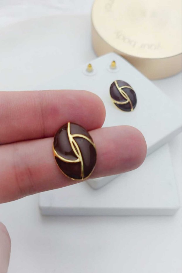 Dark Brown Oval Gold Women's Earrings
