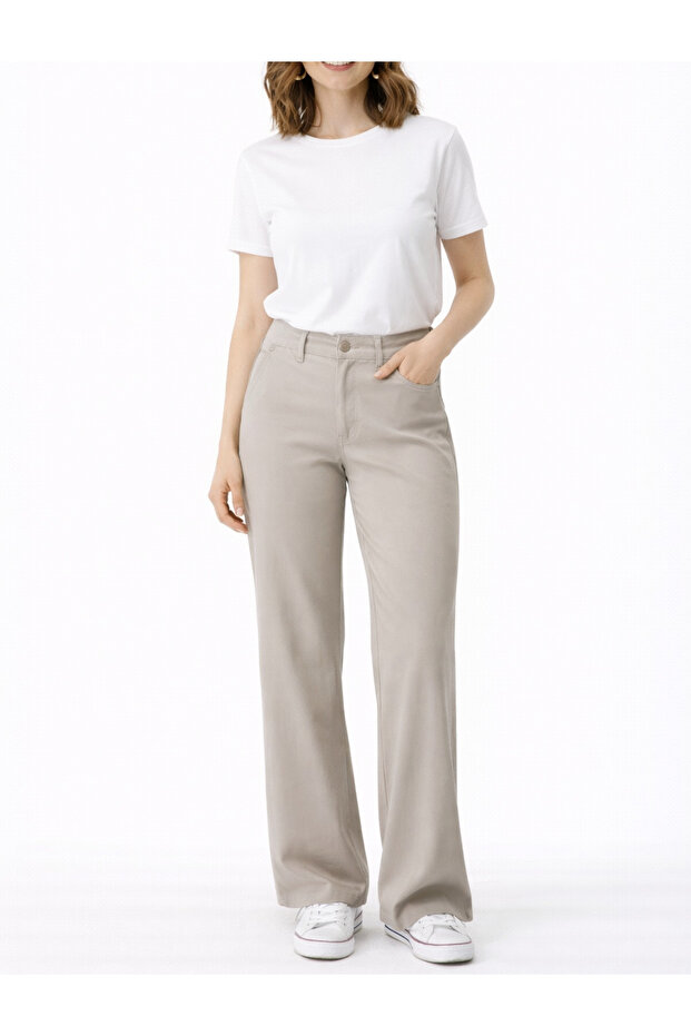 Double Tt High Waist Lycra Half Spanish Leg Fabric Trousers