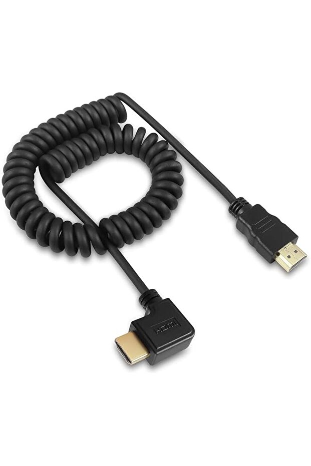 Right Angle HDMI Spring Cable, 90 Degree HDMI Male to Male Coiled Cable, Coiled 19 inch Extended to