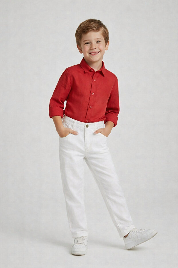 Boys' Red Long Sleeve Shirt White Pants April 23 October 29 Performance Outfit
