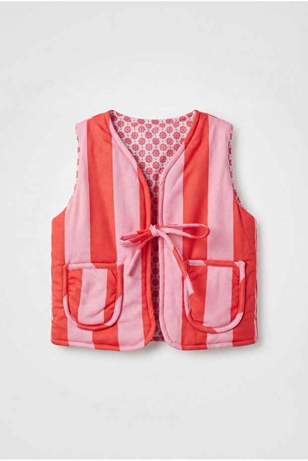 Girl's Cotton Pink Striped Vest - Stylish Design with Tie-Up Pockets