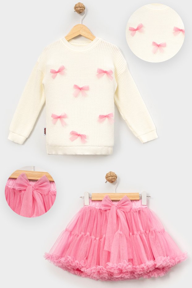 Bow Detailed Knitwear Sweater and Fluffy Tutu Skirt Set