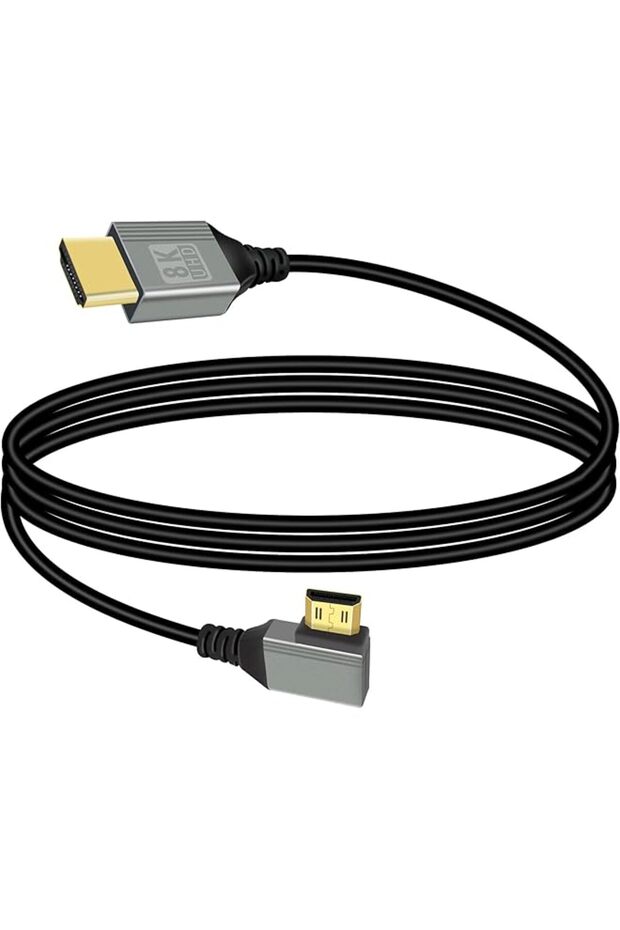 8K Mini HDMI to HDMI Adapter Cable, 90° Right Angle High Speed HDMI 2.1 Cord 48Gbps, Supports 8K@60