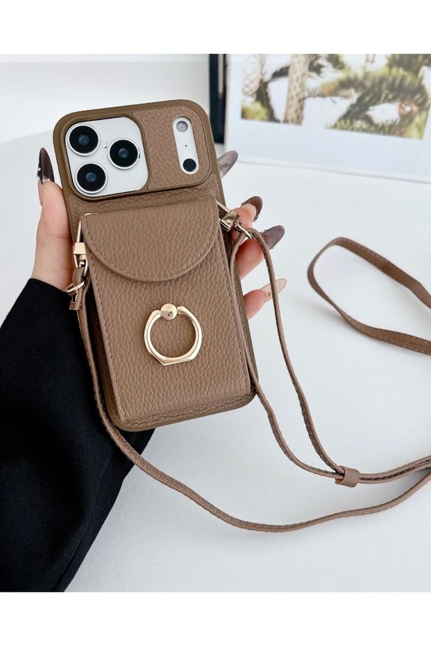 iPhone 17 Pro Max Compatible Leather Case with Ring Detail and Strap Wallet