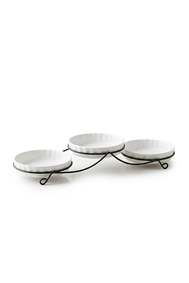 3PCS Round Porcelain Bowl Set with Metal Stand – 14cm White Serving Bowls | Festive Hosting