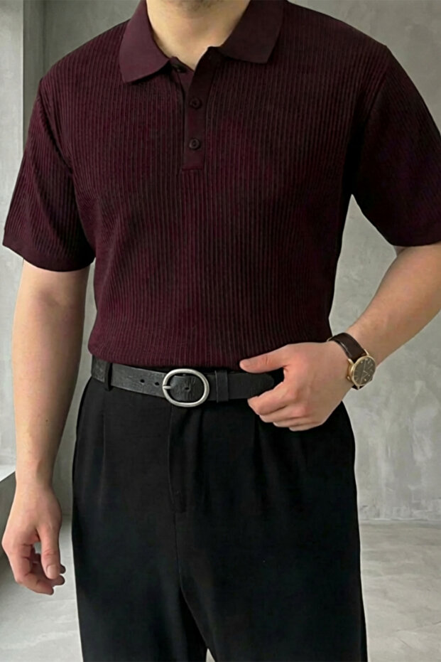 Men's Old Money Stripe Textured Short Sleeve Polo Collar T-Shirt