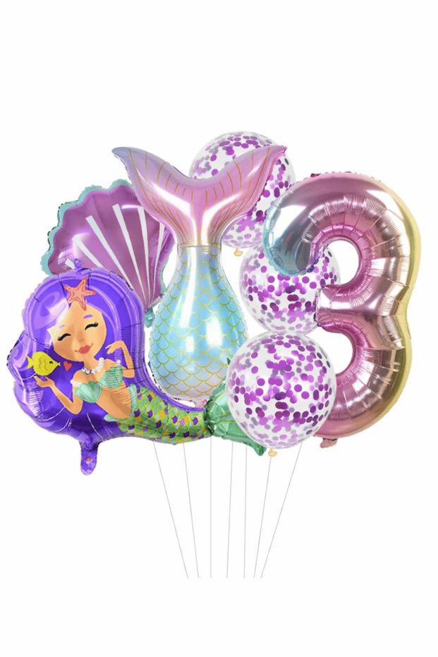 Purple Color 3 Year Old Mermaid Themed 6 Piece Balloon Set Party Decoration