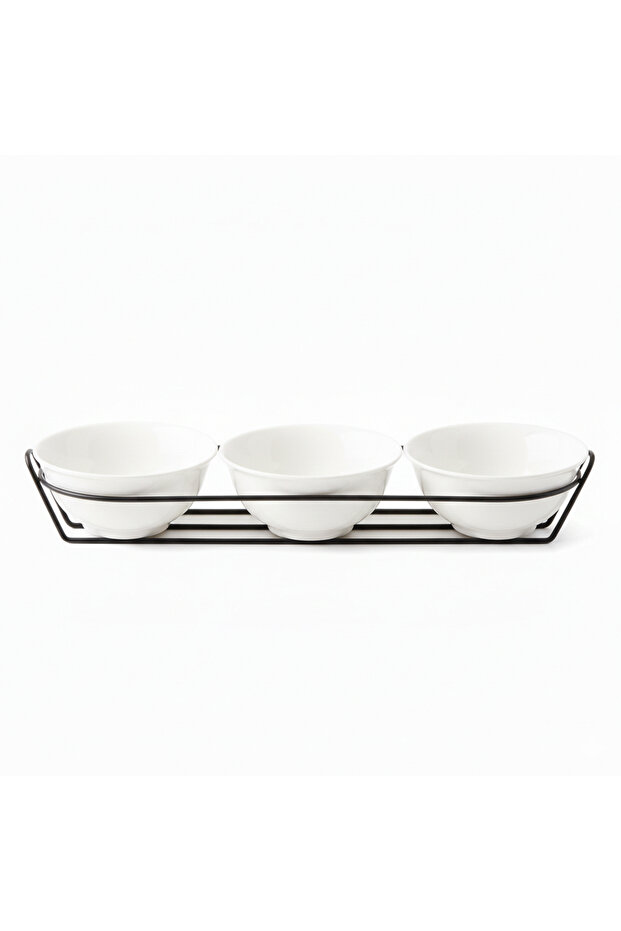 Arabic-Inspired Serving Bowl Set – 3PCS Round 13cm White Porcelain Bowls with Metal Stand
