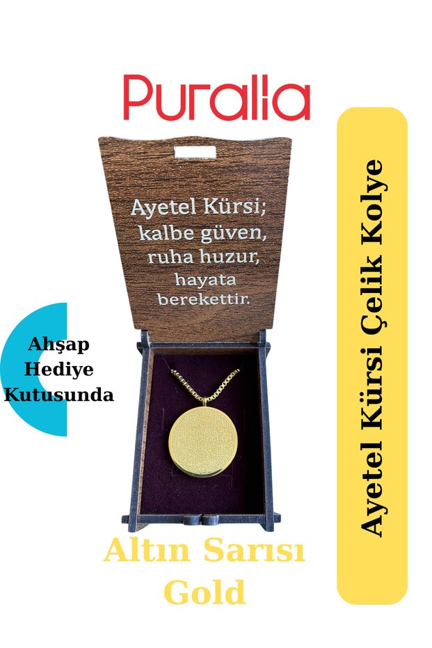 Ayetel Kürsi Steel Necklace in Wooden Box - Golden Yellow