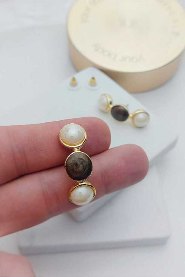 Pearl and Brown Enamel 3 Ball Gold Women's Earrings (Located in the Middle of the Ear Stud Earring)