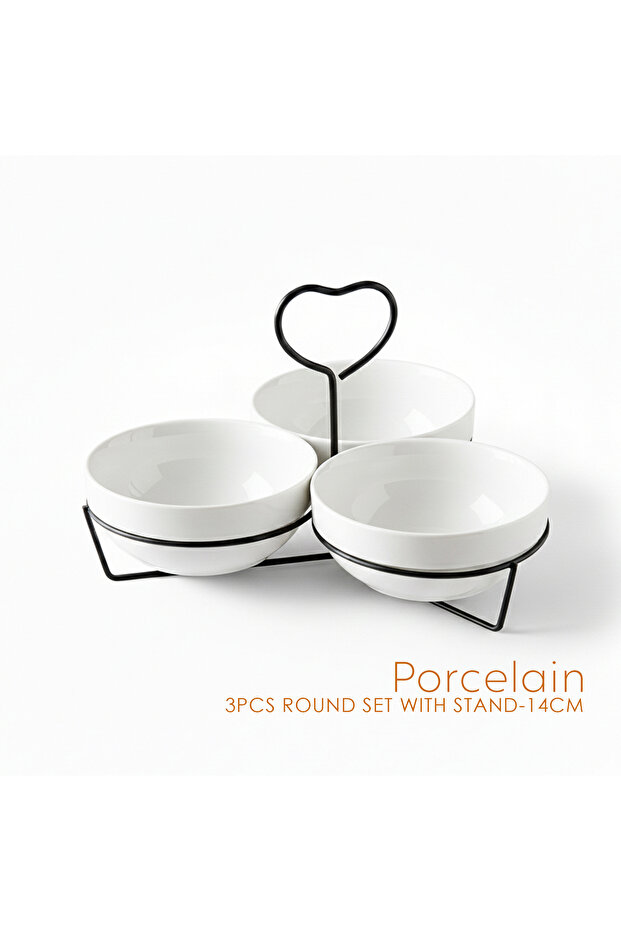 3PCS Round Porcelain Bowl Set w Metal Black Stand - 14cm White Serving Bowls forSnacks,Dates