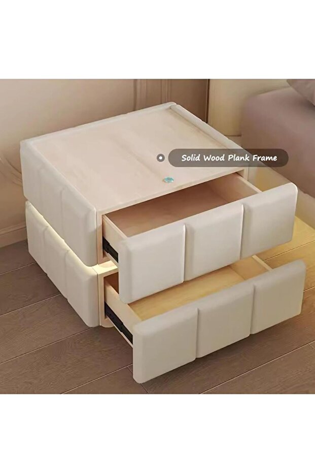 طاولة جانبية للسرير بإطار من الخشب الصلب، سهلة التركيب، مزودة بإضاءة LED ذكية، لون أبيض. - 3