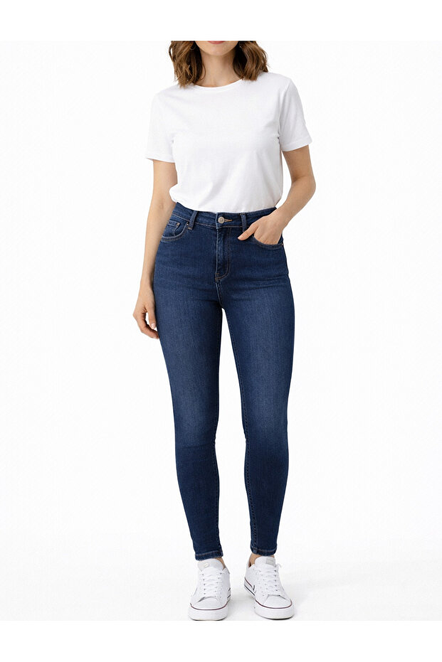 Double Tt High Waist Narrow Leg Lycra Blue Denim Trousers