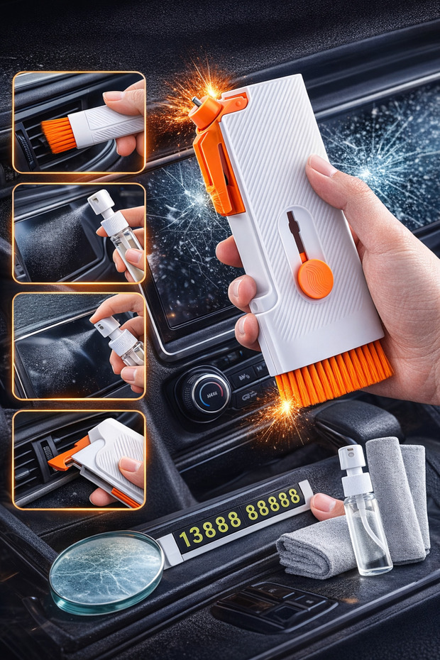 6 Piece In-Car Multimedia Removal Kit Glass Breaker Seat Belt Cutter with Phone Number Dialer