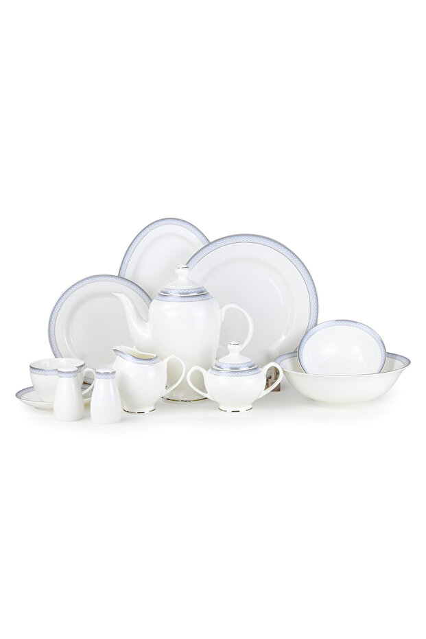 ZIYA 47Pc Bone China Dinnerware Set, White with Light Blue Rim|Perfect for 8 Persons