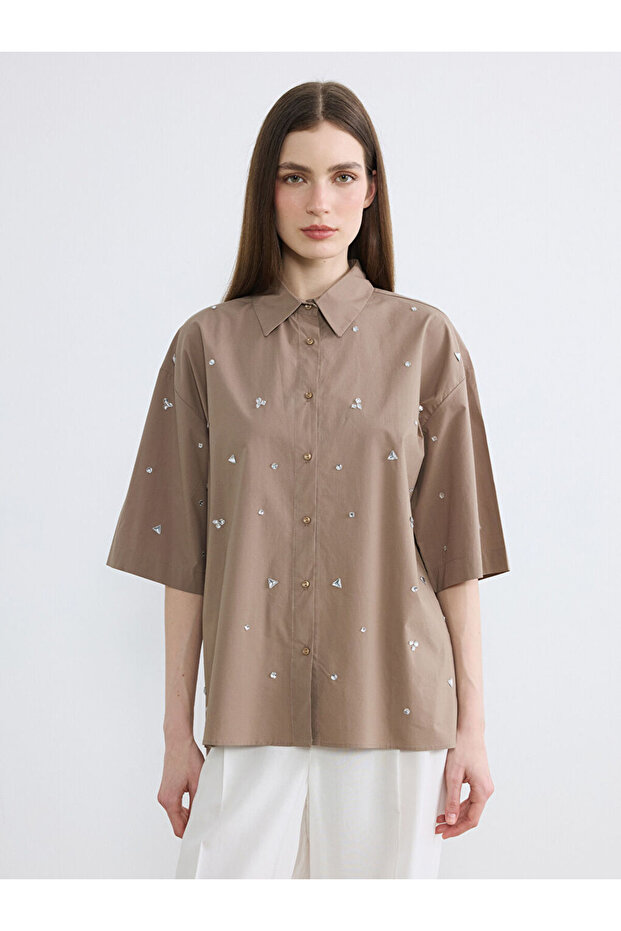 Brown Stone Embroidered Women's Shirt