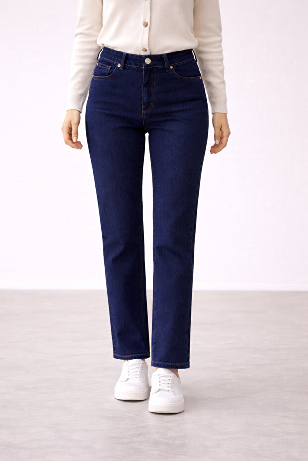 True Women's Dark Blue High Waist Lycra Trendy Mom Jean