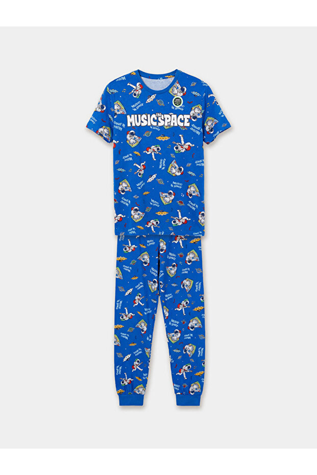 Giyçık Store Blue Crew Neck Printed Boys' Pajama Set