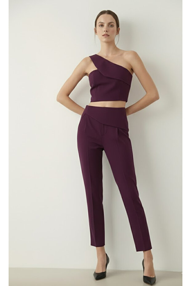 Mürdüm Strapless Design Collar Blouse and Pants Set - 8003