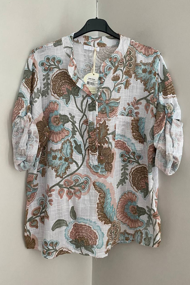 Women's Italian White Three-Button Collar Star Flower Patterned 3/4 Sleeve 100% Cotton Blouse Shirt