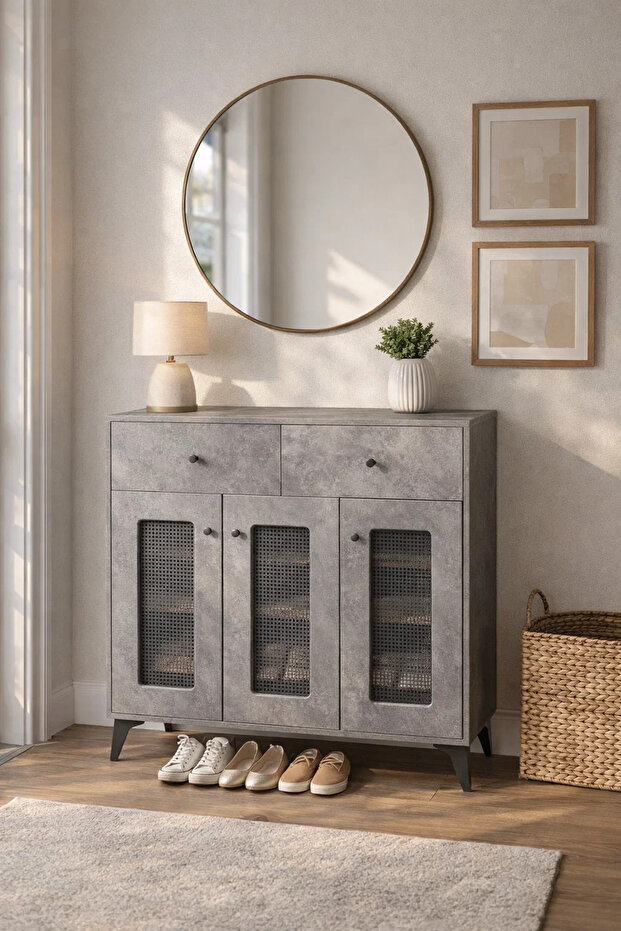 خزانة أحذية رمادية عصرية بثلاثة أبواب ودرجين، مصنوعة من شبكة الروطان، وحدة تخزين مدخل بطول 100 سم
