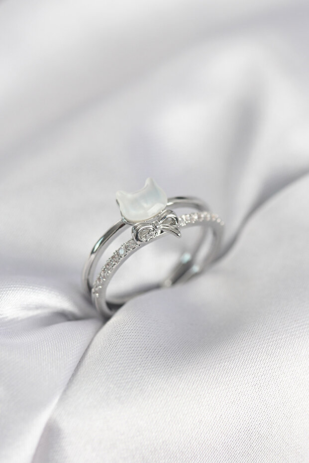 Silver Color Pearlescent Cat Model Bowknot Zircon Stone Women's Ring