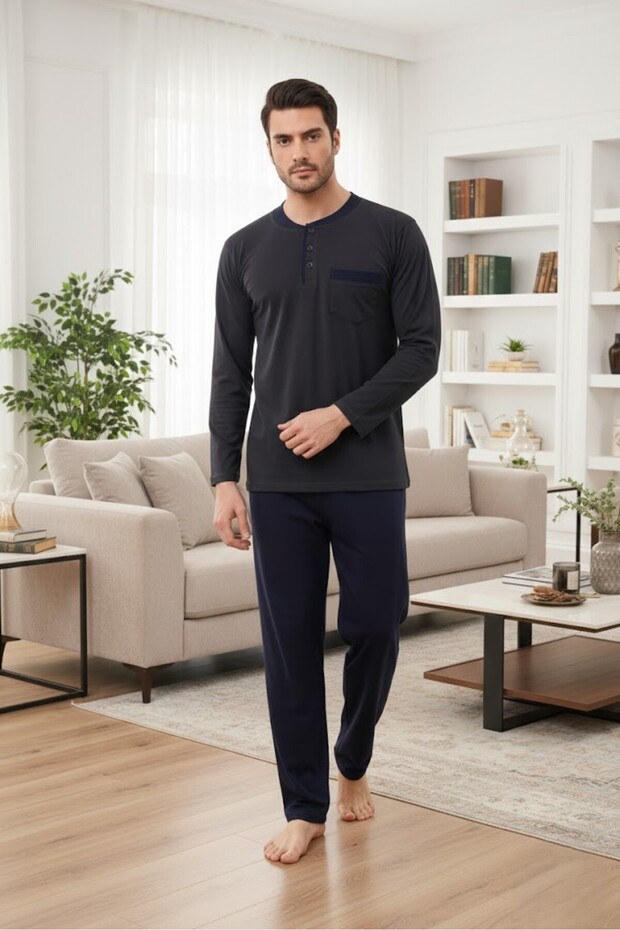 Men's Smoked Button Detailed Long Sleeve 100% Cotton Special Design Large Size (Oversized) Pajama Set