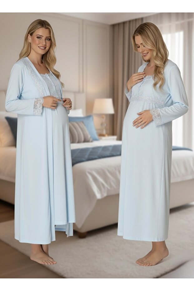 Women's Blue Long Sleeve Stylish Lace Detailed Buttoned 100% Cotton Maternity Dressing Gown Nightgown Set