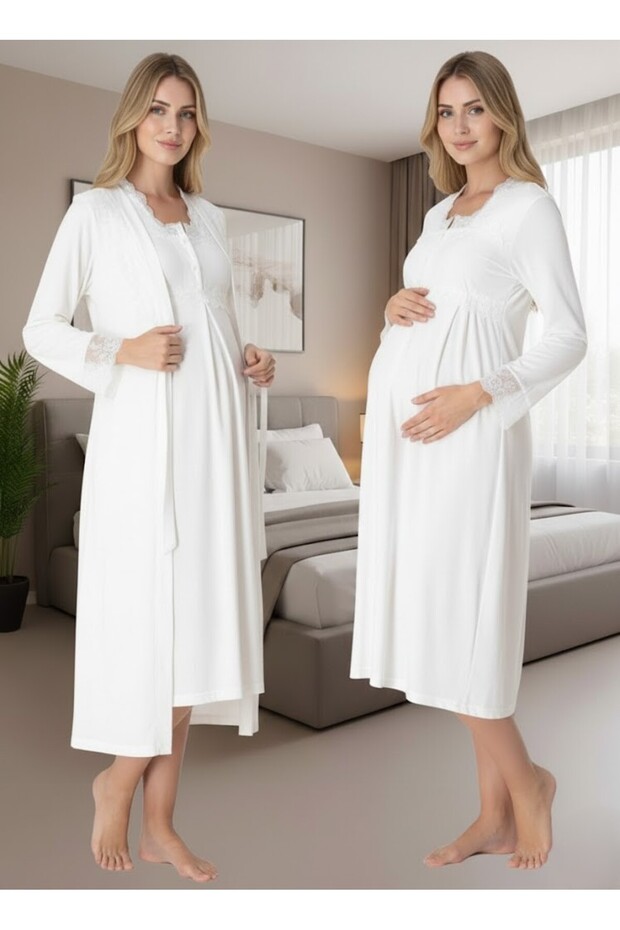 Women's Ecru Long Sleeve Stylish Lace Detailed Buttoned 100% Cotton Maternity Dressing Gown Nightgown Set