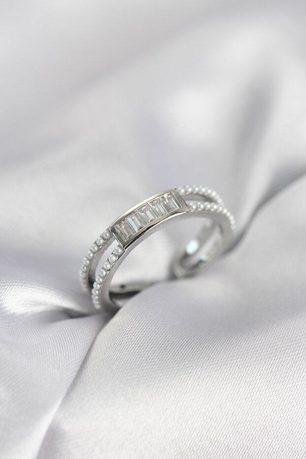 Baget Zircon Stone Silver Color Women's Ring with Pearls