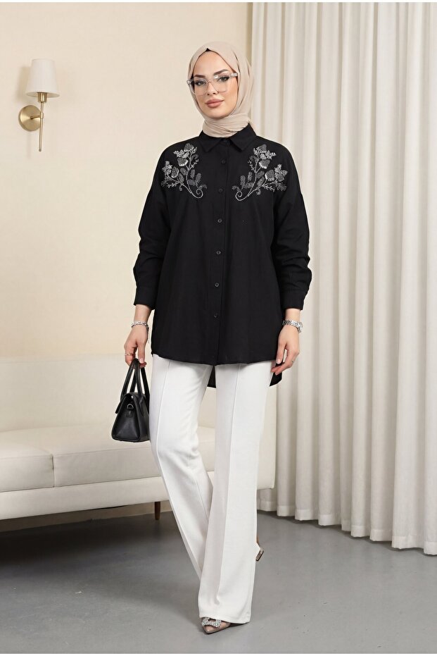 Floral Beaded Buttoned Strawberry Shirt - Black