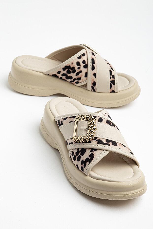 Beige Women's Wedge Heel Slippers with Cross Straps and Leopard Pattern