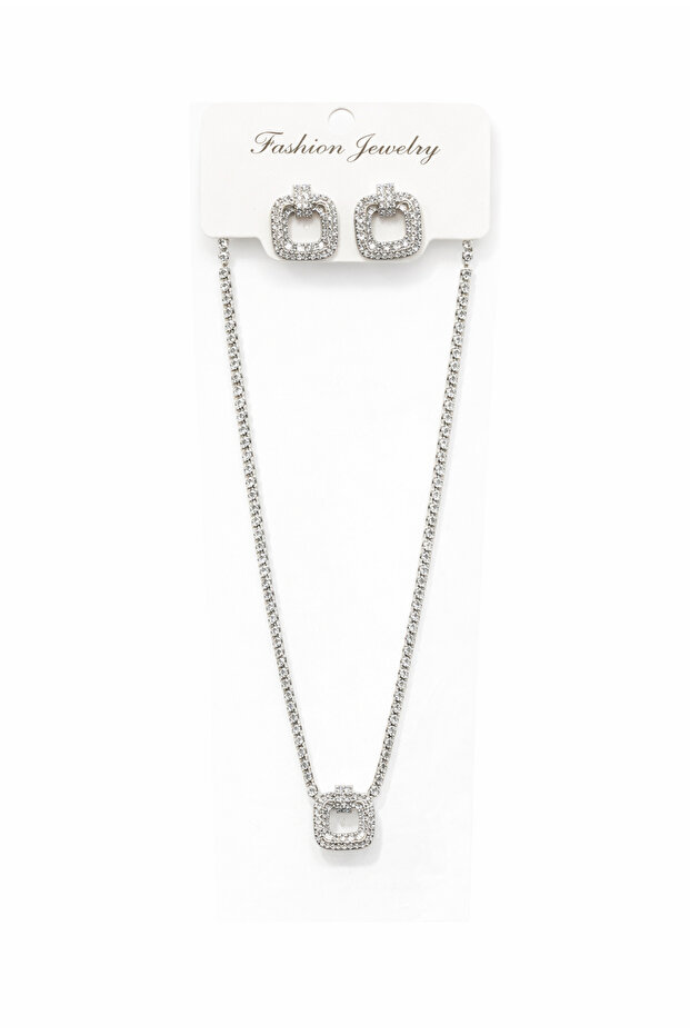 Zircon Stone Waterway Square Form Necklace Earrings Jewelry Set