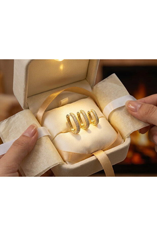 Brass Gold Color Zircon Stone Hoop Model Ysx Trio Earring Set 3-Piece Earrings